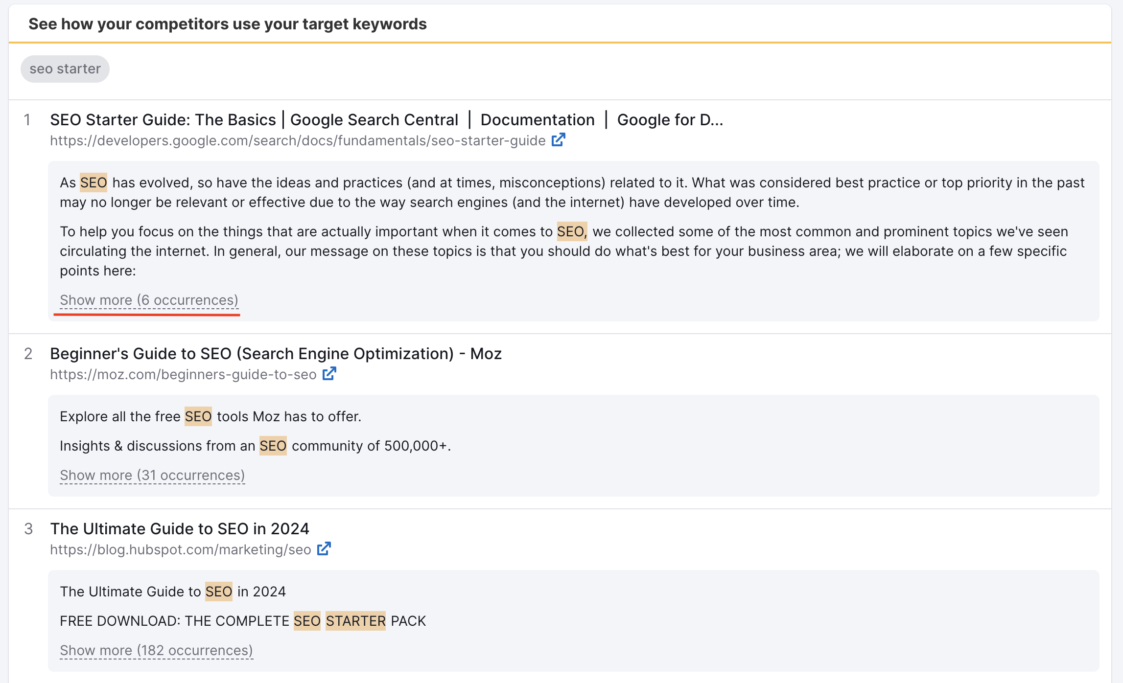 See how your competitors use your target keywords table.